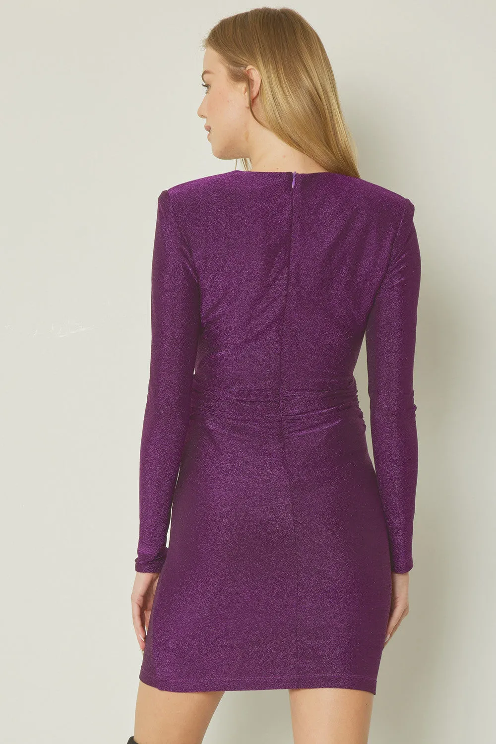 Entro Purple Glittery V-Neck Long Sleeve Mini Dress Featuring Knot Detail At Waist Front