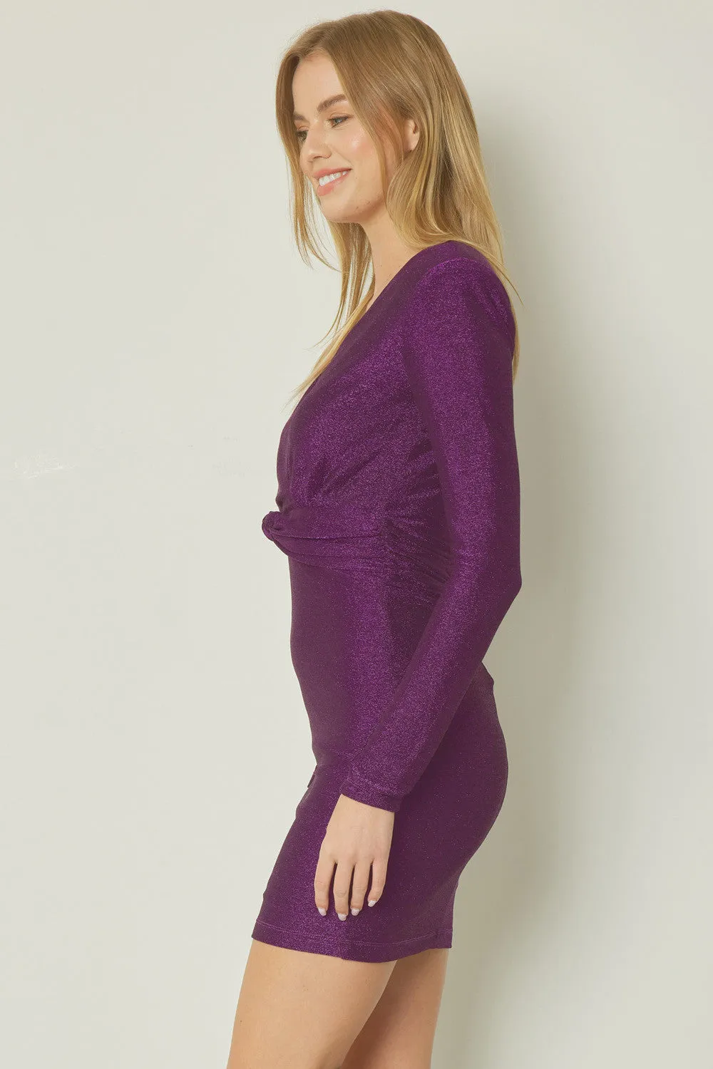 Entro Purple Glittery V-Neck Long Sleeve Mini Dress Featuring Knot Detail At Waist Front