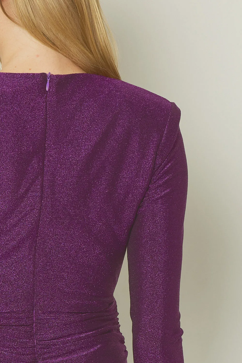 Entro Purple Glittery V-Neck Long Sleeve Mini Dress Featuring Knot Detail At Waist Front