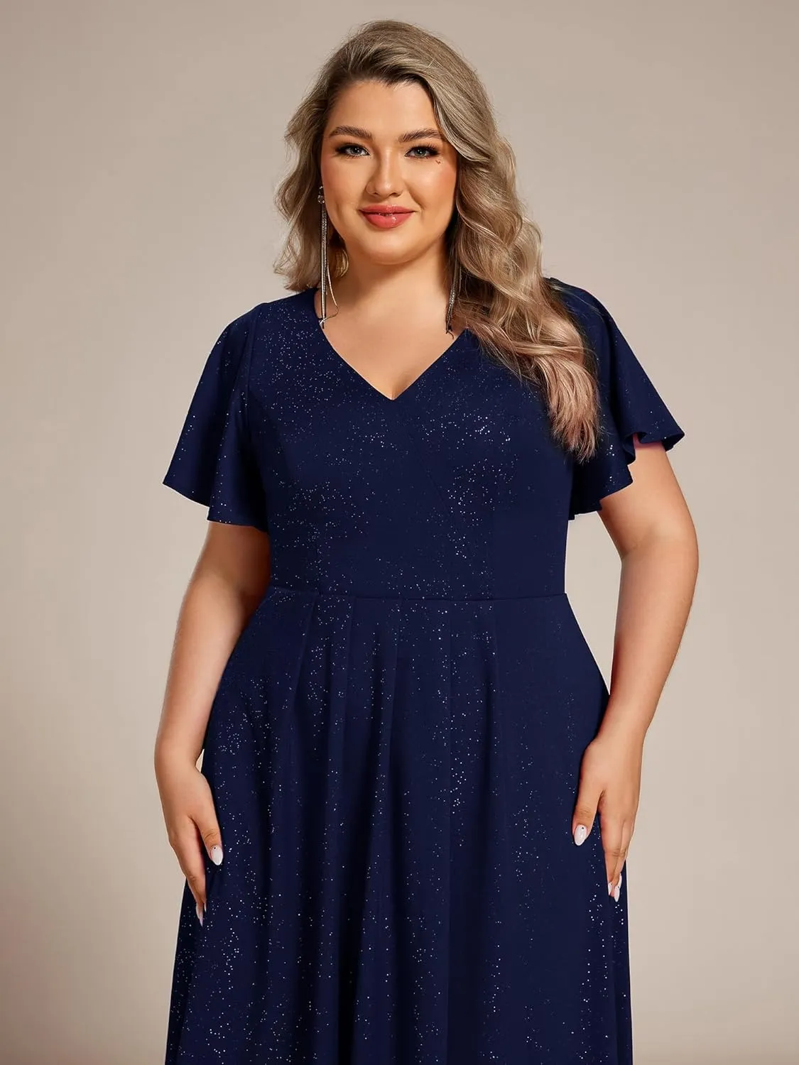 Ever-Pretty Plus Women's Short Sleeves V Neck Glitter Plus Size High Low Wedding Guest Dresses 71926-DA