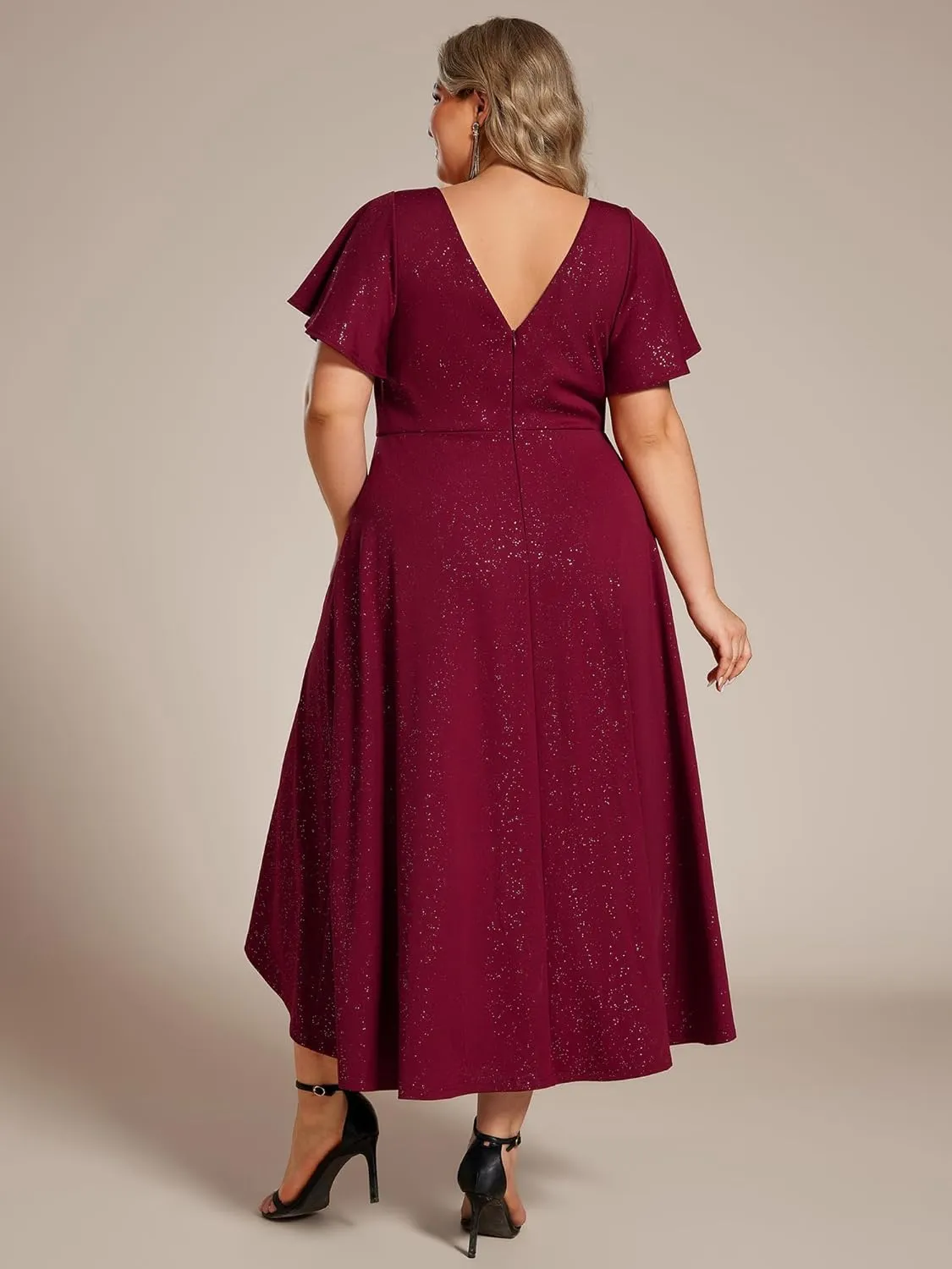 Ever-Pretty Plus Women's Short Sleeves V Neck Glitter Plus Size High Low Wedding Guest Dresses 71926-DA