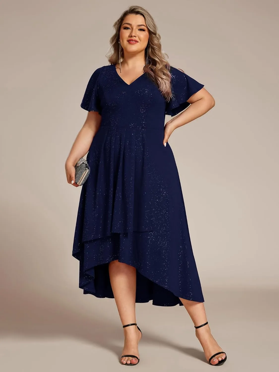 Ever-Pretty Plus Women's Short Sleeves V Neck Glitter Plus Size High Low Wedding Guest Dresses 71926-DA