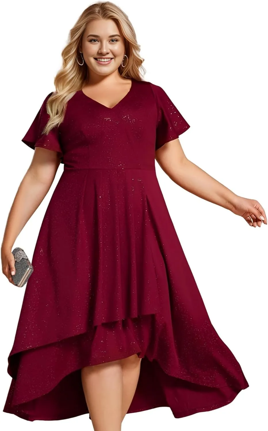 Ever-Pretty Plus Women's Short Sleeves V Neck Glitter Plus Size High Low Wedding Guest Dresses 71926-DA