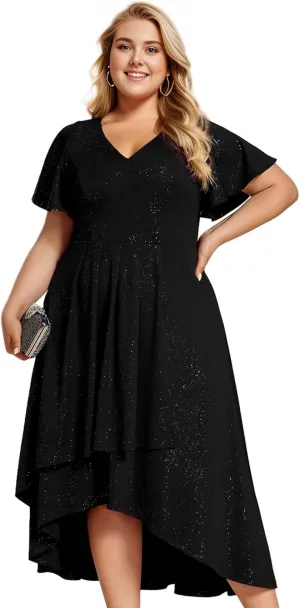 Ever-Pretty Plus Women's Short Sleeves V Neck Glitter Plus Size High Low Wedding Guest Dresses 71926-DA