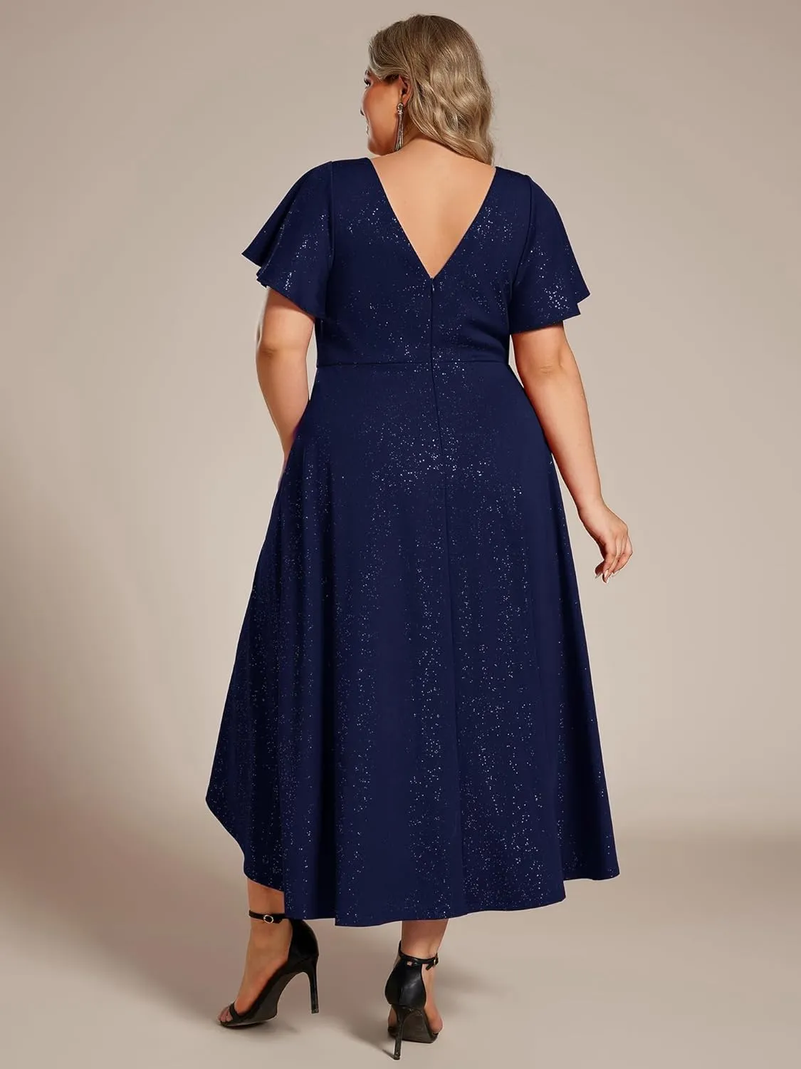 Ever-Pretty Plus Women's Short Sleeves V Neck Glitter Plus Size High Low Wedding Guest Dresses 71926-DA