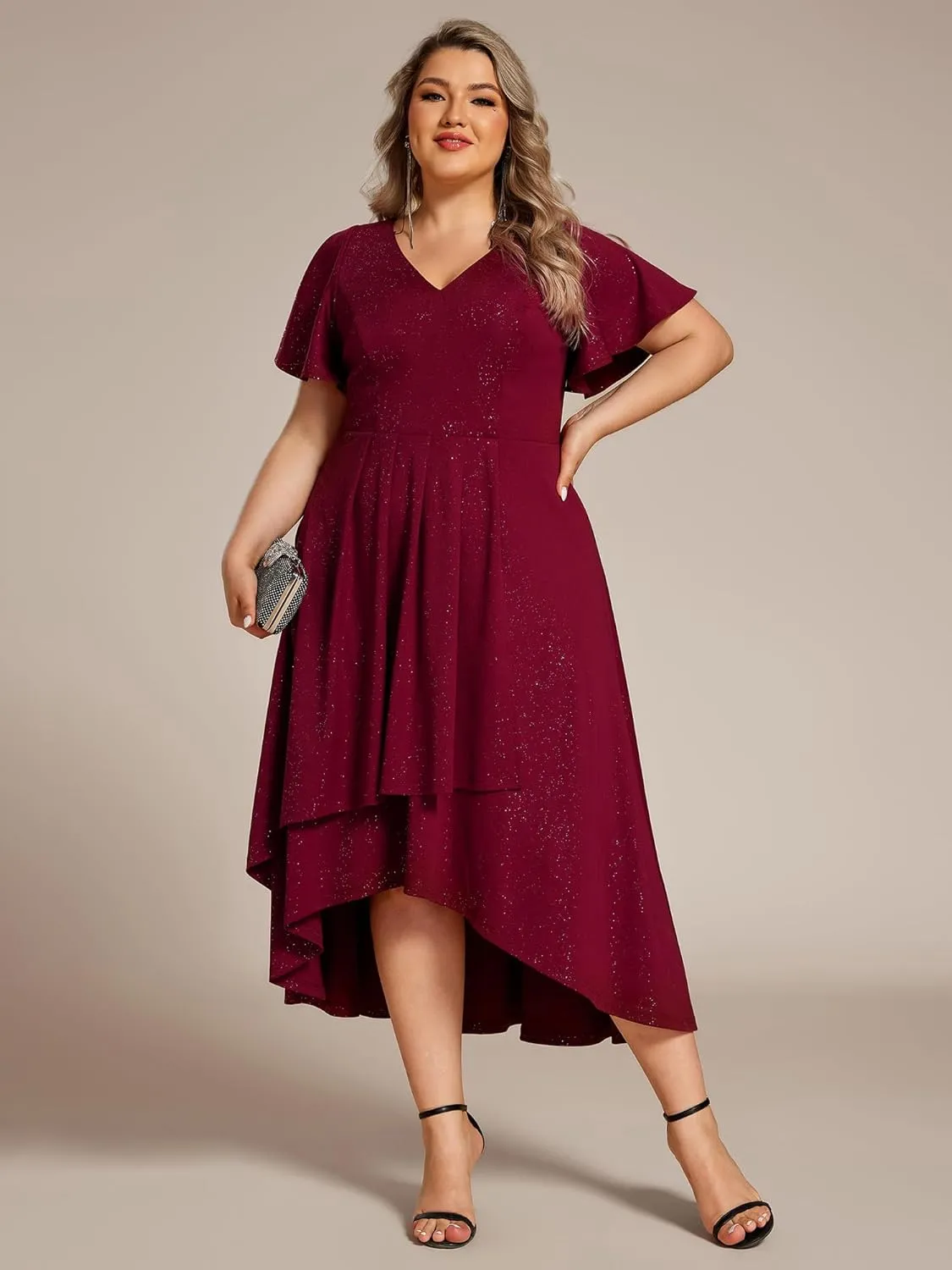 Ever-Pretty Plus Women's Short Sleeves V Neck Glitter Plus Size High Low Wedding Guest Dresses 71926-DA