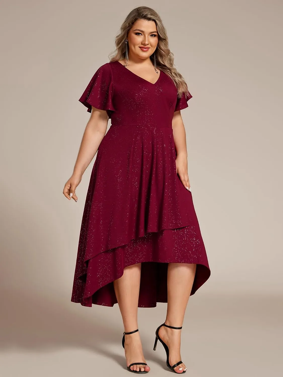 Ever-Pretty Plus Women's Short Sleeves V Neck Glitter Plus Size High Low Wedding Guest Dresses 71926-DA