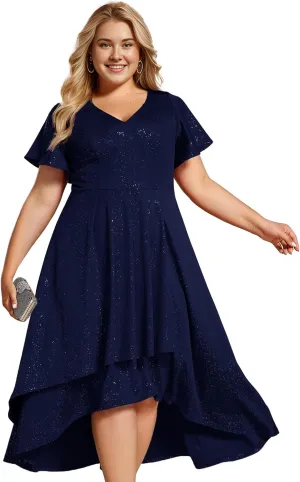 Ever-Pretty Plus Women's Short Sleeves V Neck Glitter Plus Size High Low Wedding Guest Dresses 71926-DA