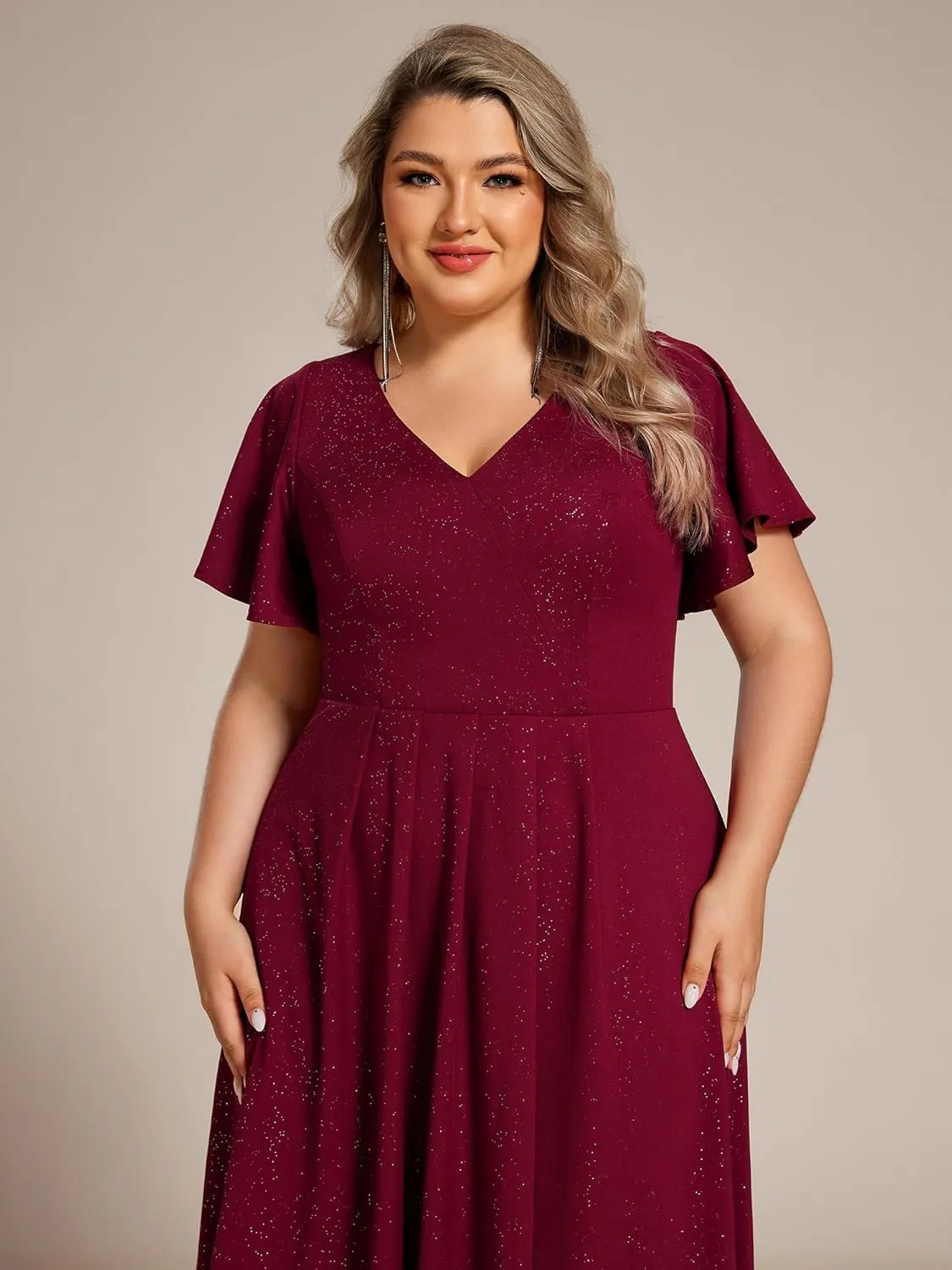 Ever-Pretty Plus Women's Short Sleeves V Neck Glitter Plus Size High Low Wedding Guest Dresses 71926-DA