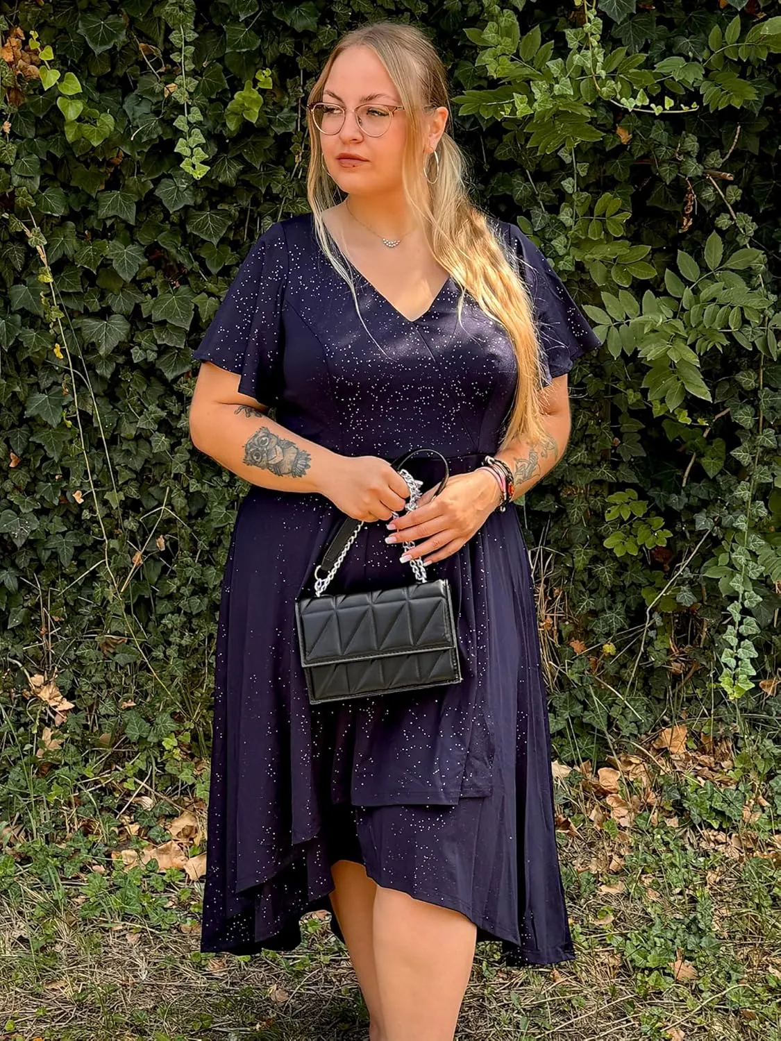 Ever-Pretty Plus Women's Short Sleeves V Neck Glitter Plus Size High Low Wedding Guest Dresses 71926-DA