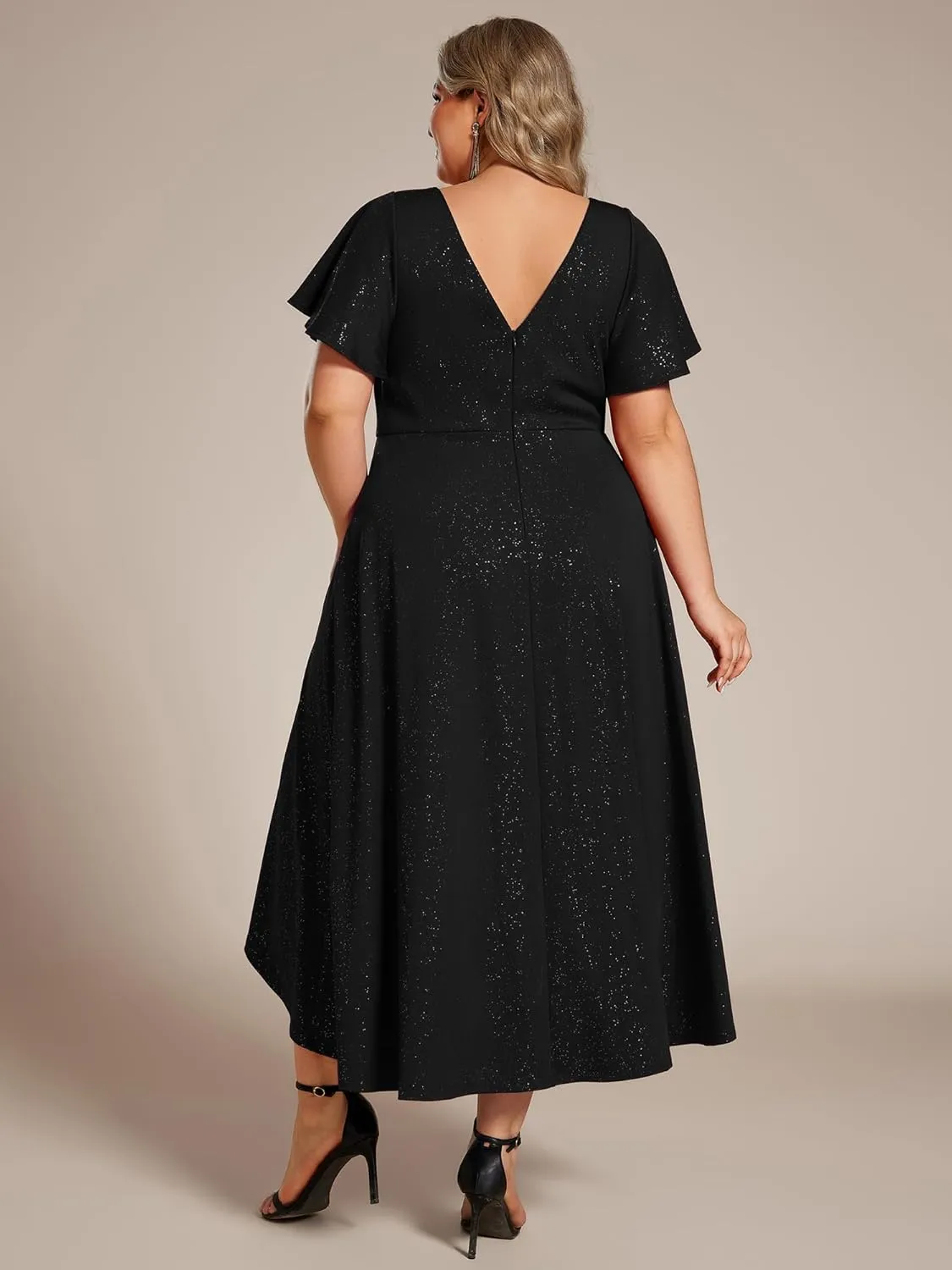 Ever-Pretty Plus Women's Short Sleeves V Neck Glitter Plus Size High Low Wedding Guest Dresses 71926-DA