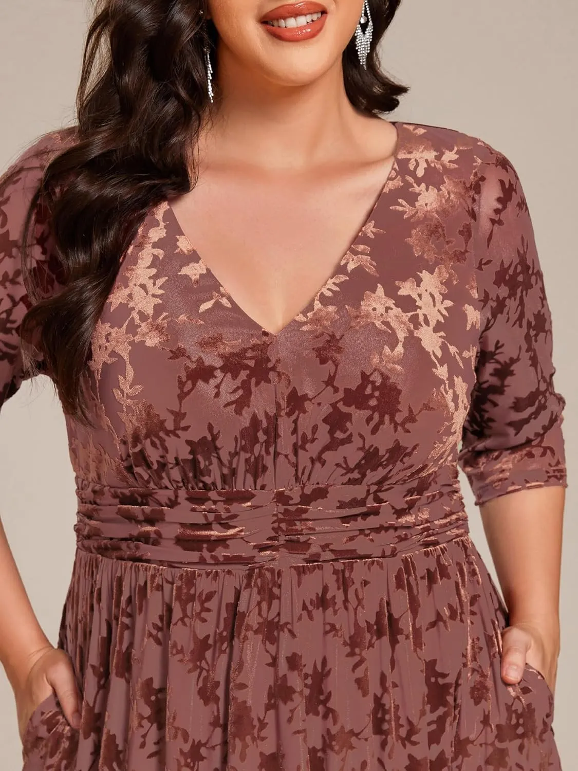 Ever-Pretty Women's 3/4 Sleeves Mid Jacquard Elastic Plus Size Velvet Casual Wedding Guest Dresses with Pockets 02284-DAPH
