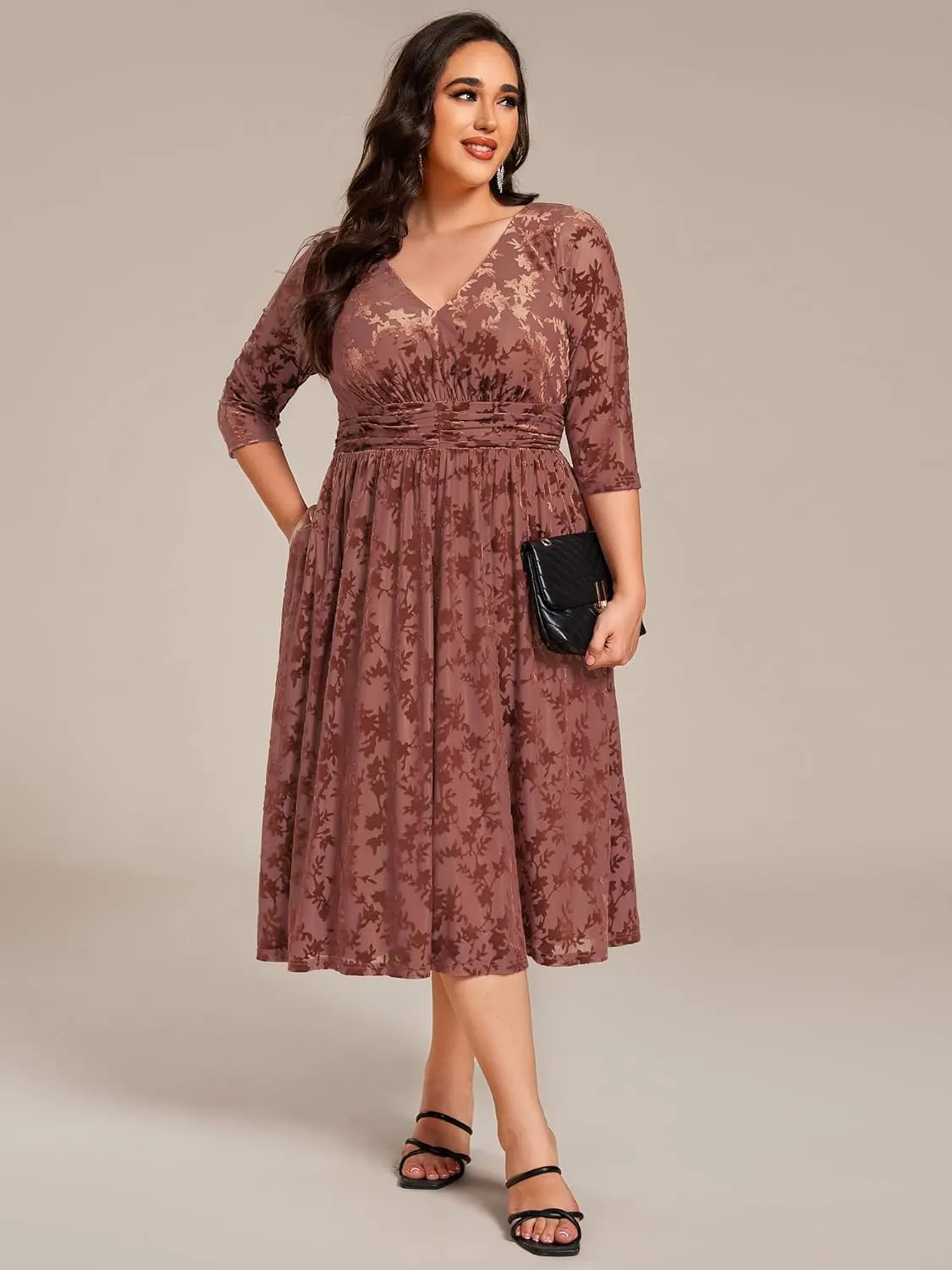 Ever-Pretty Women's 3/4 Sleeves Mid Jacquard Elastic Plus Size Velvet Casual Wedding Guest Dresses with Pockets 02284-DAPH