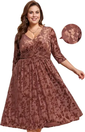 Ever-Pretty Women's 3/4 Sleeves Mid Jacquard Elastic Plus Size Velvet Casual Wedding Guest Dresses with Pockets 02284-DAPH