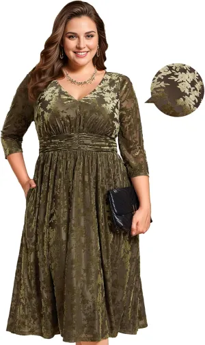 Ever-Pretty Women's 3/4 Sleeves Mid Jacquard Elastic Plus Size Velvet Casual Wedding Guest Dresses with Pockets 02284-DAPH