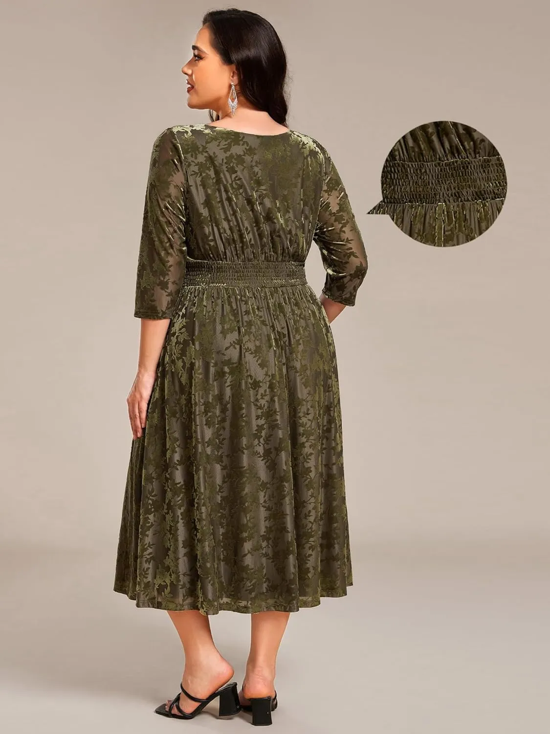 Ever-Pretty Women's 3/4 Sleeves Mid Jacquard Elastic Plus Size Velvet Casual Wedding Guest Dresses with Pockets 02284-DAPH