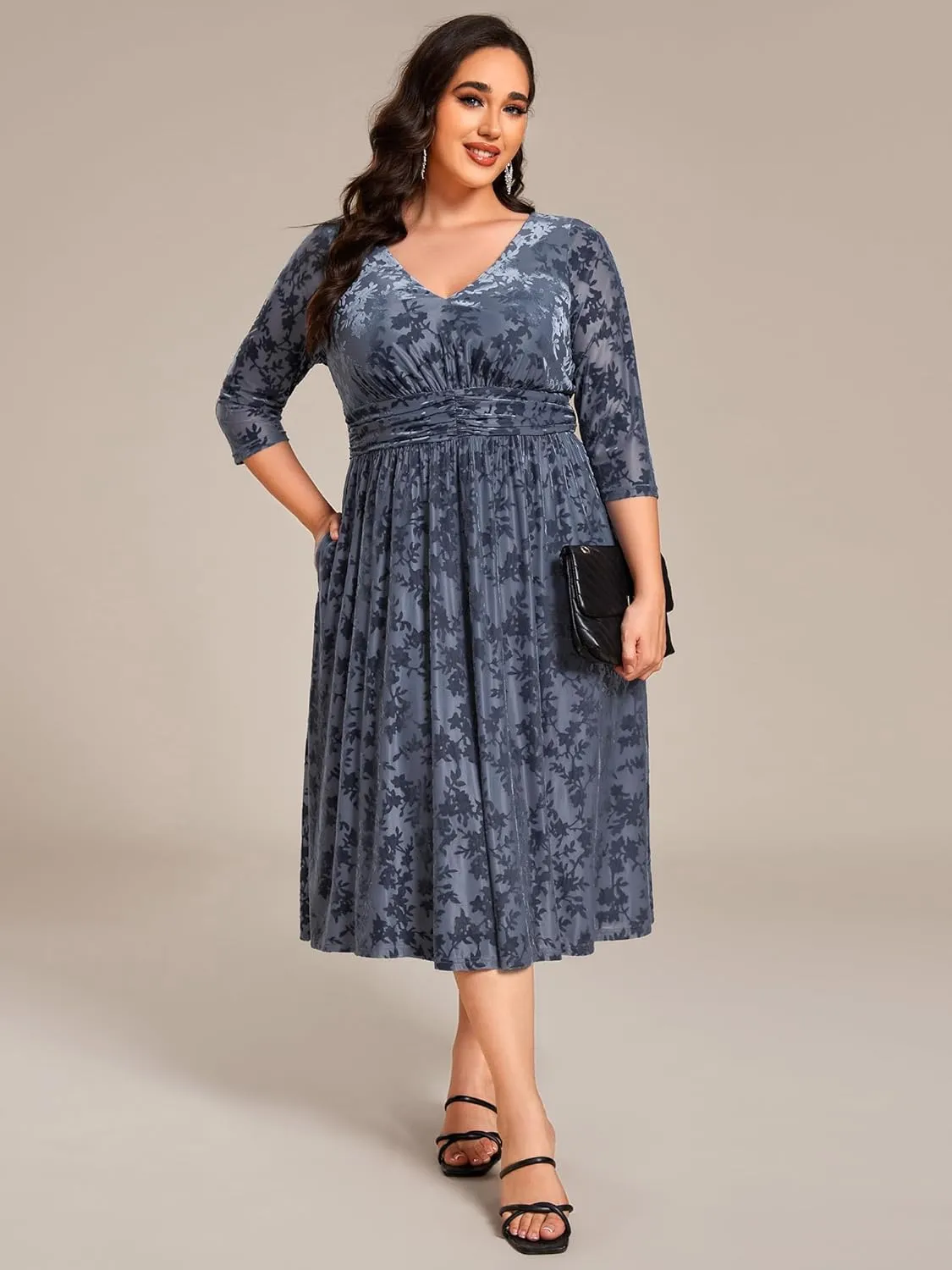 Ever-Pretty Women's 3/4 Sleeves Mid Jacquard Elastic Plus Size Velvet Casual Wedding Guest Dresses with Pockets 02284-DAPH