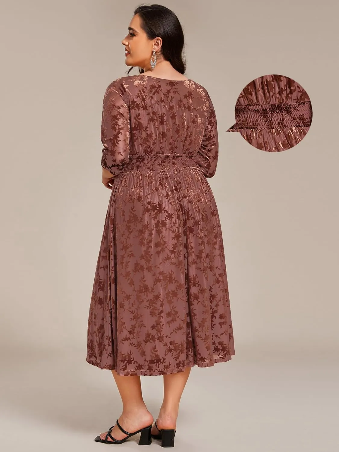 Ever-Pretty Women's 3/4 Sleeves Mid Jacquard Elastic Plus Size Velvet Casual Wedding Guest Dresses with Pockets 02284-DAPH