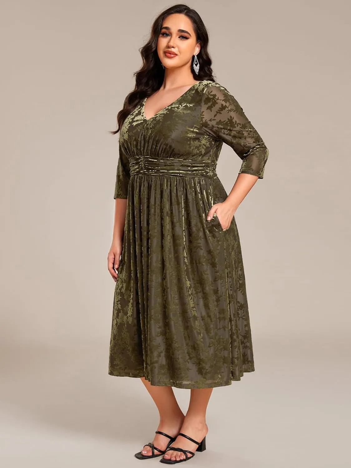 Ever-Pretty Women's 3/4 Sleeves Mid Jacquard Elastic Plus Size Velvet Casual Wedding Guest Dresses with Pockets 02284-DAPH