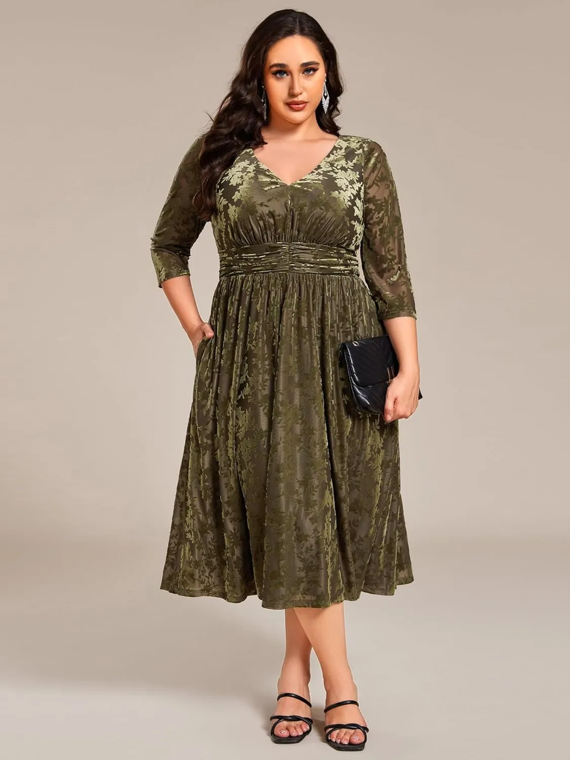 Ever-Pretty Women's 3/4 Sleeves Mid Jacquard Elastic Plus Size Velvet Casual Wedding Guest Dresses with Pockets 02284-DAPH