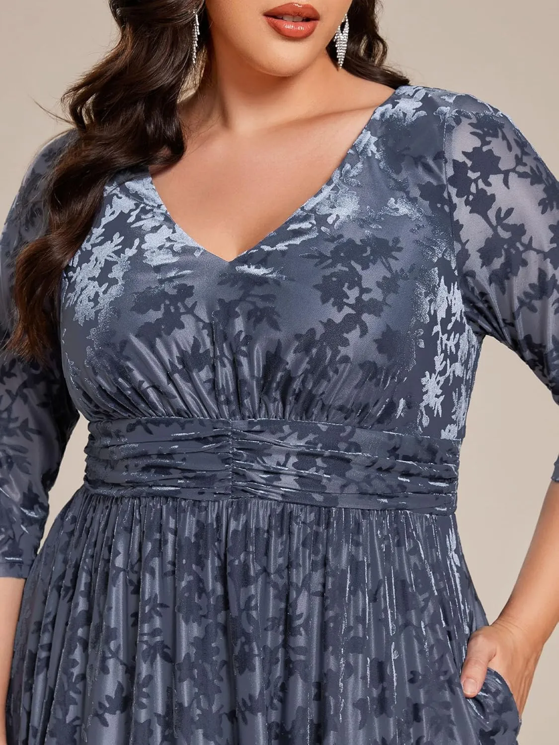 Ever-Pretty Women's 3/4 Sleeves Mid Jacquard Elastic Plus Size Velvet Casual Wedding Guest Dresses with Pockets 02284-DAPH