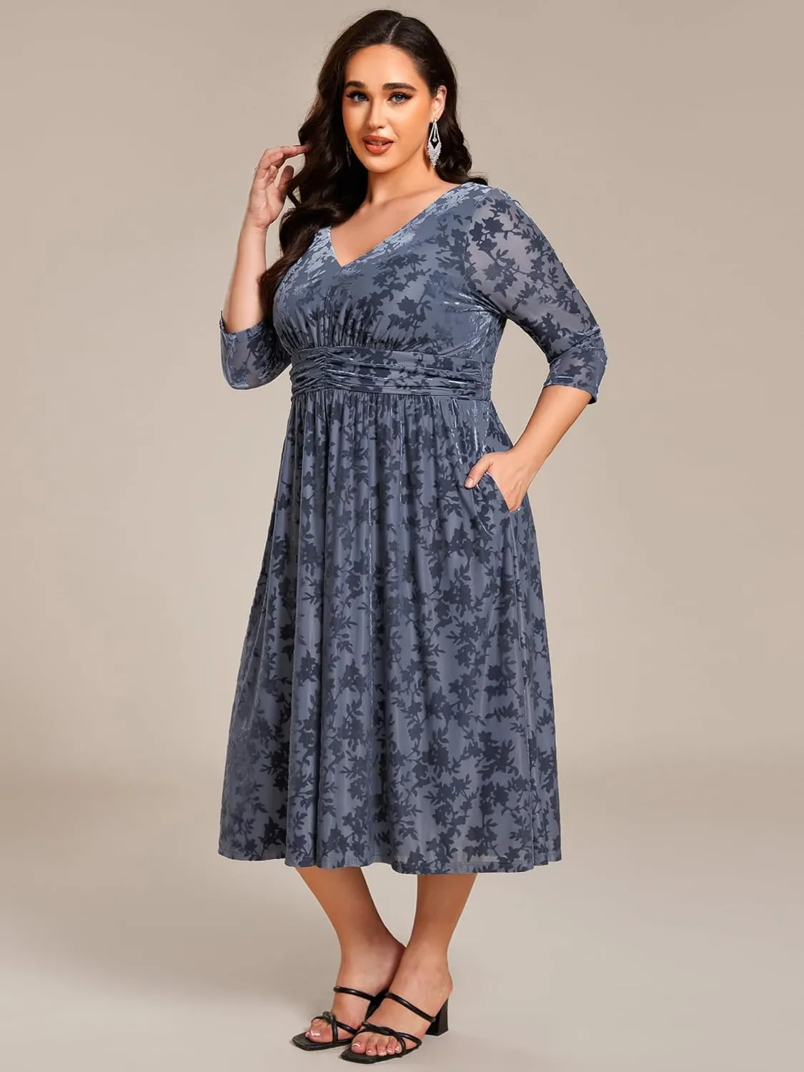 Ever-Pretty Women's 3/4 Sleeves Mid Jacquard Elastic Plus Size Velvet Casual Wedding Guest Dresses with Pockets 02284-DAPH
