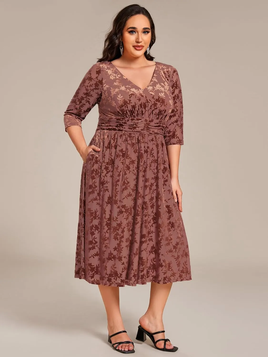Ever-Pretty Women's 3/4 Sleeves Mid Jacquard Elastic Plus Size Velvet Casual Wedding Guest Dresses with Pockets 02284-DAPH