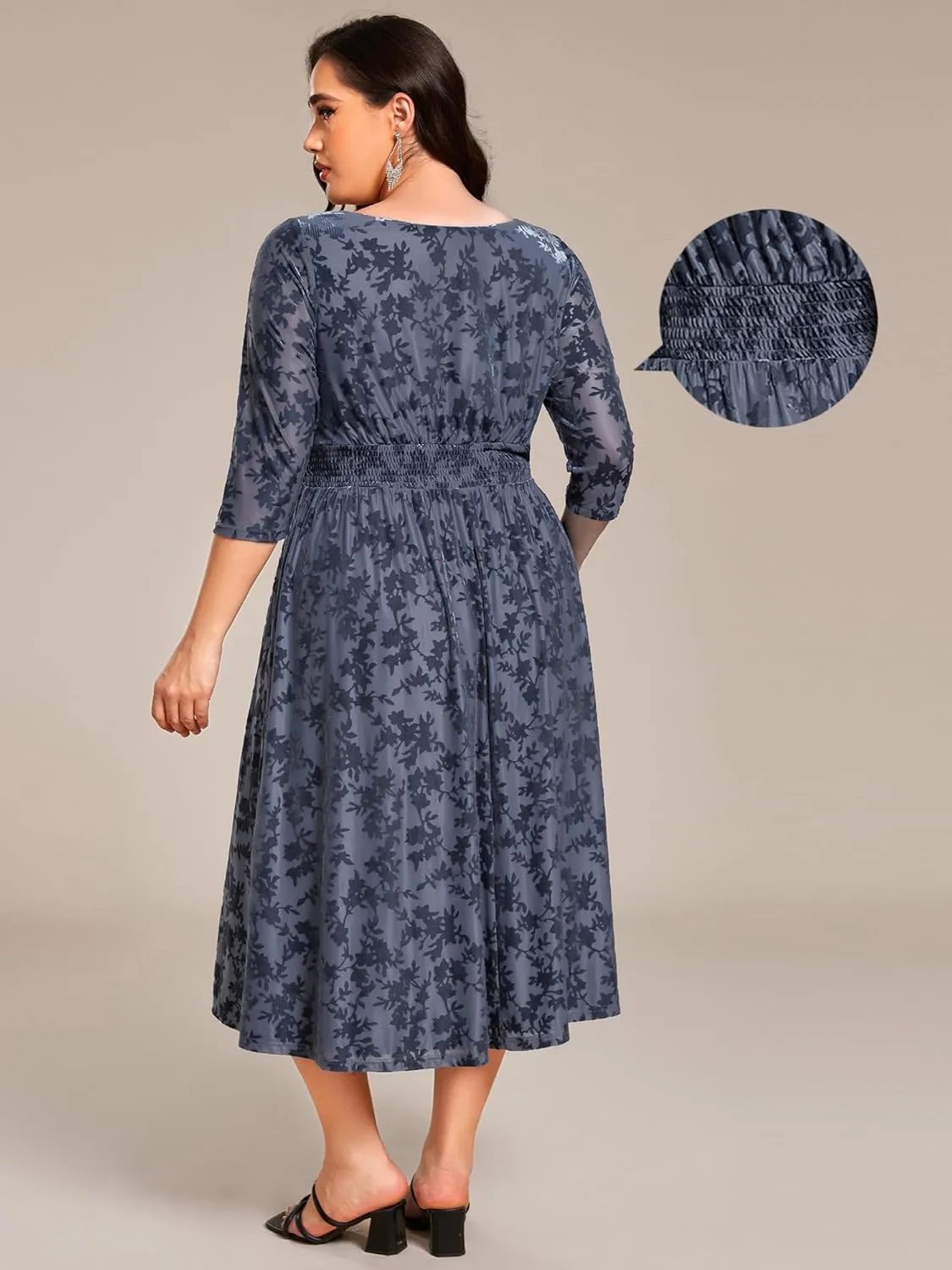Ever-Pretty Women's 3/4 Sleeves Mid Jacquard Elastic Plus Size Velvet Casual Wedding Guest Dresses with Pockets 02284-DAPH