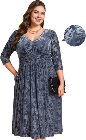 Ever-Pretty Women's 3/4 Sleeves Mid Jacquard Elastic Plus Size Velvet Casual Wedding Guest Dresses with Pockets 02284-DAPH