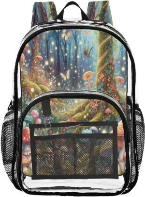 Fairyland Forest Mushrooms Clear Backpack with Back Print, Heavy Duty See Through Backpacks PVC Transparent Daypack for Travel Security