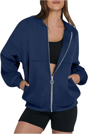 Fall Jackets for Women Zip Up Sweatshirts Long Sleeve Shirts Bomber Jacket with Pockets Fleece Sweaters Tops