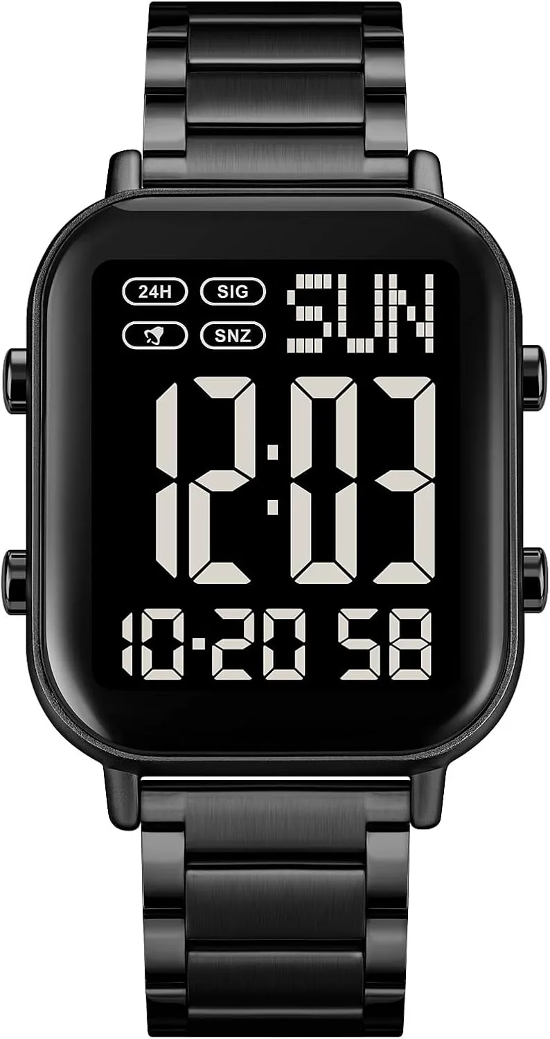 FANMIS Classic Unisex Digital Sports Watches Women's Men's Multifunctional Watch Stainless Steel Band Square Big Numbers Dial Waterproof Electronic Led Watch