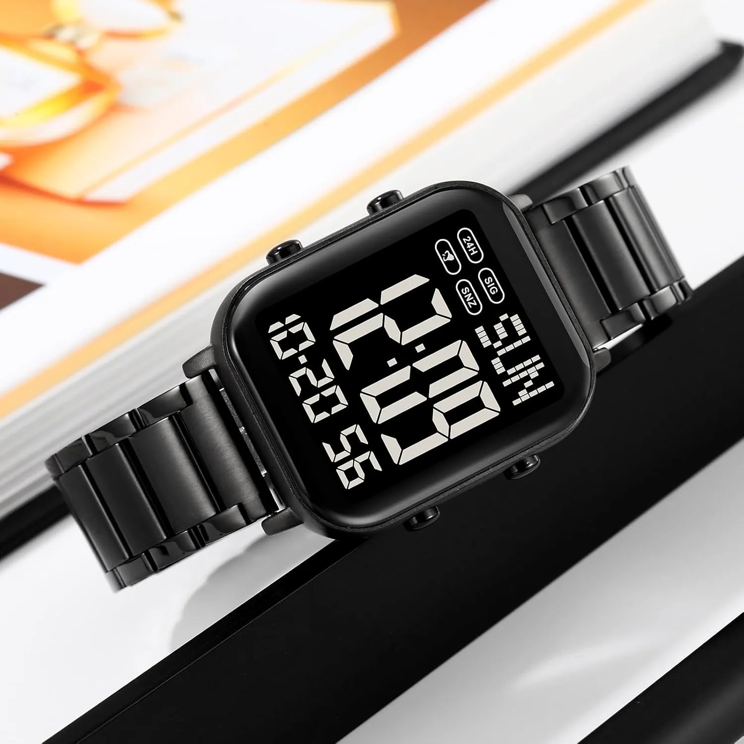 FANMIS Classic Unisex Digital Sports Watches Women's Men's Multifunctional Watch Stainless Steel Band Square Big Numbers Dial Waterproof Electronic Led Watch
