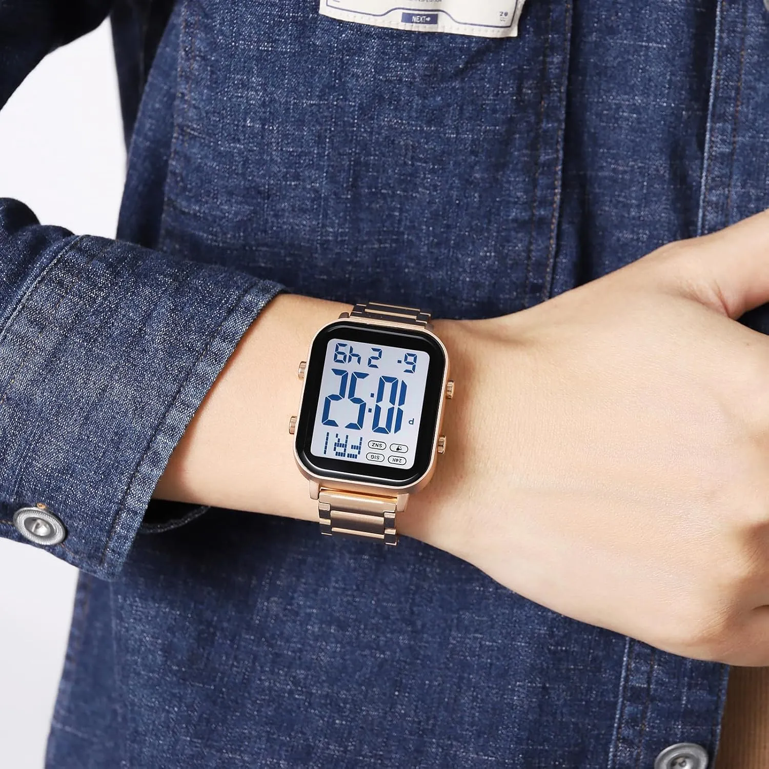 FANMIS Classic Unisex Digital Sports Watches Women's Men's Multifunctional Watch Stainless Steel Band Square Big Numbers Dial Waterproof Electronic Led Watch
