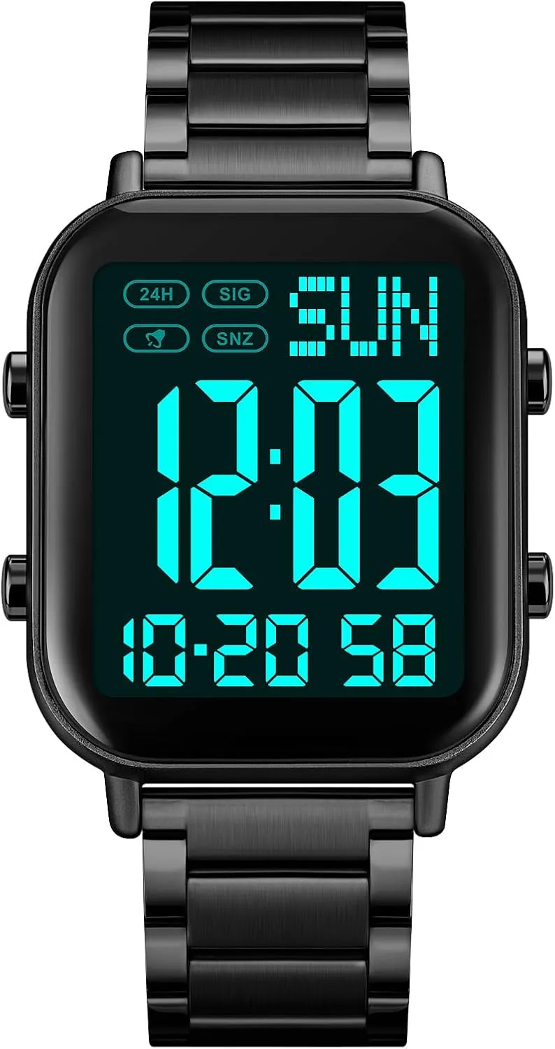 FANMIS Classic Unisex Digital Sports Watches Women's Men's Multifunctional Watch Stainless Steel Band Square Big Numbers Dial Waterproof Electronic Led Watch
