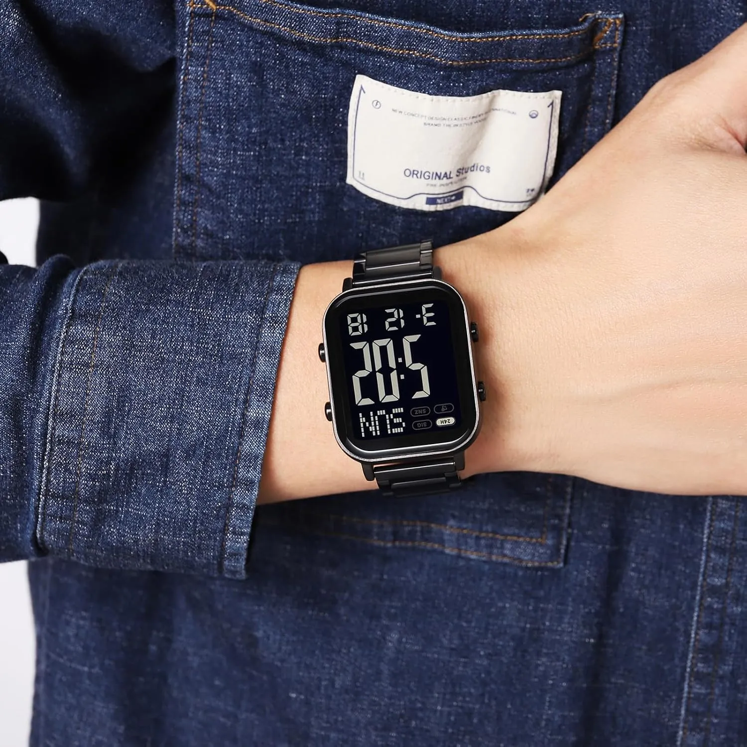 FANMIS Classic Unisex Digital Sports Watches Women's Men's Multifunctional Watch Stainless Steel Band Square Big Numbers Dial Waterproof Electronic Led Watch