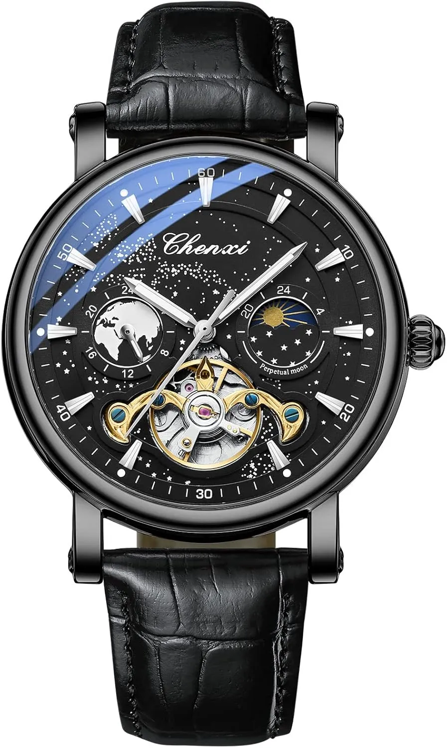 FANMIS Men's Mechanical Watch Luxury Skeleton Hollow Mechanical Watch Automatic Winding Luminous Waterproof Business Dress Wrist Watch (pi Quan HEI)
