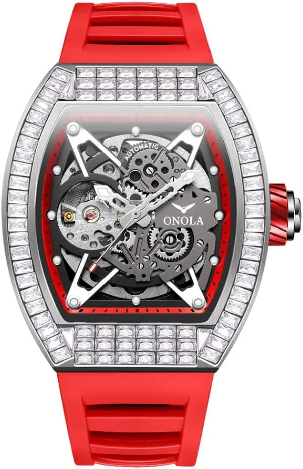 Fashionable Square Diamond Automatic Mechanical Watch for Men, Double-Sided Hollow Skeleton Watches, Silicone Strap Waterproof Luminous Business Luxury Wristwatch