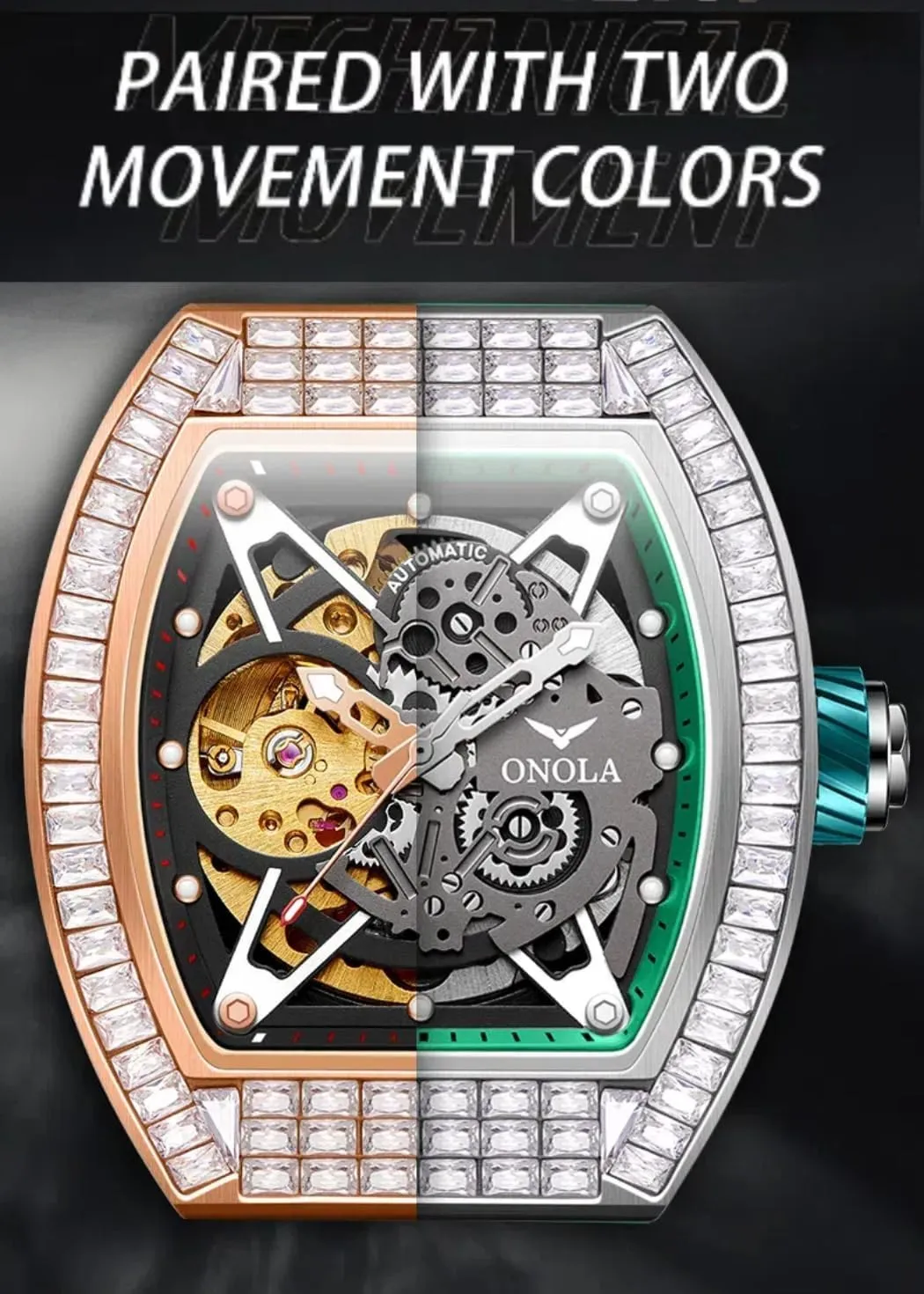 Fashionable Square Diamond Automatic Mechanical Watch for Men, Double-Sided Hollow Skeleton Watches, Silicone Strap Waterproof Luminous Business Luxury Wristwatch