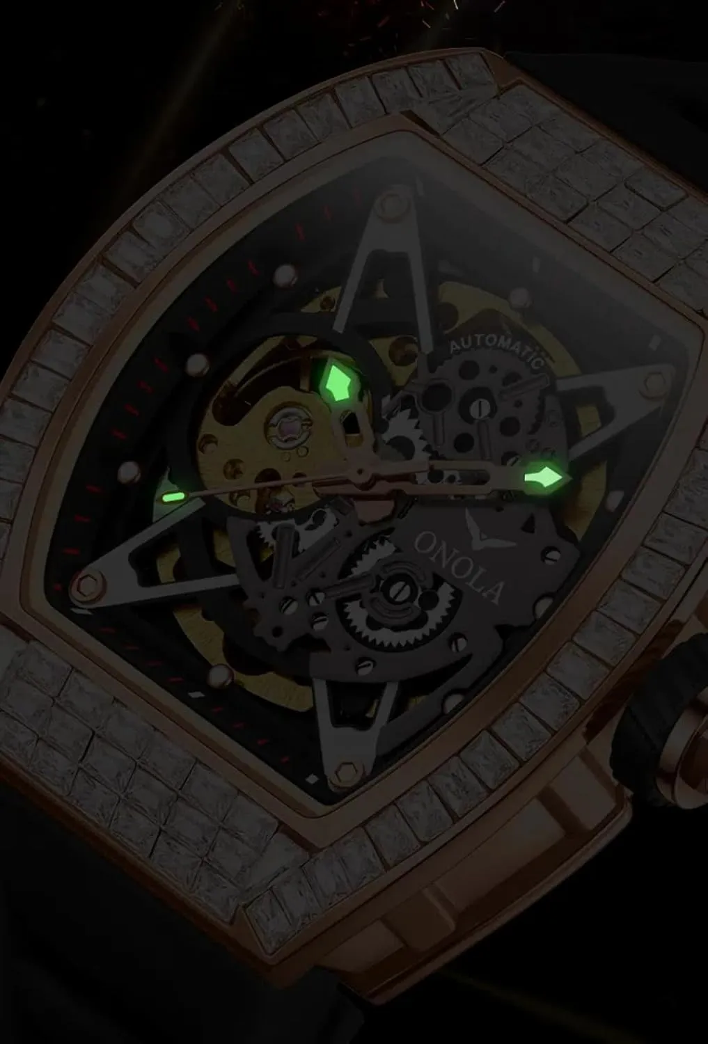 Fashionable Square Diamond Automatic Mechanical Watch for Men, Double-Sided Hollow Skeleton Watches, Silicone Strap Waterproof Luminous Business Luxury Wristwatch