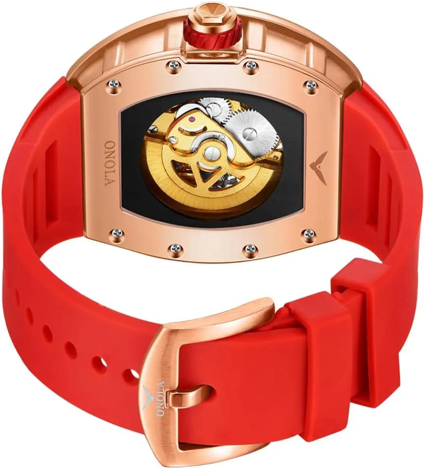 Fashionable Square Diamond Automatic Mechanical Watch for Men, Double-Sided Hollow Skeleton Watches, Silicone Strap Waterproof Luminous Business Luxury Wristwatch