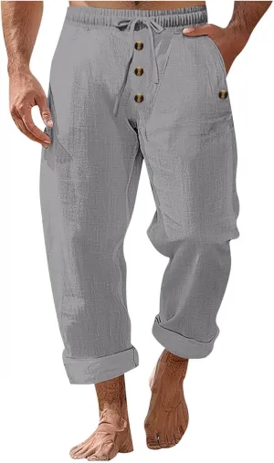 Finelylove Mens Casual Summer Linen Pants Relaxed Fit Button Beach Pants Elastic Waist Drawstring Long Lounge Yoga Trousers