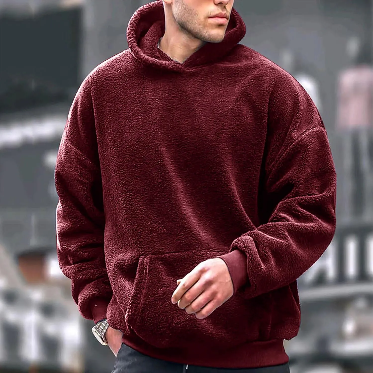 Finelylove Mens Fuzzy Sherpa Hoodies Pullover Oversized Cozy Warm Fleece Hooded Sweatshirt Fluffy Winter Outwear with Pocket