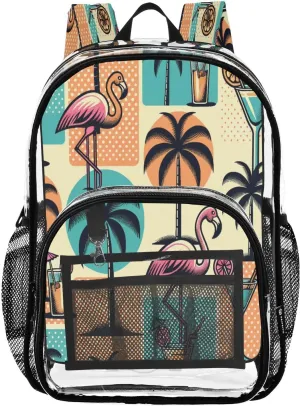 Flamingos Plam Trees Cocktails Clear Backpack with Back Print, Heavy Duty See Through Backpacks PVC Transparent Daypack for Travel Security