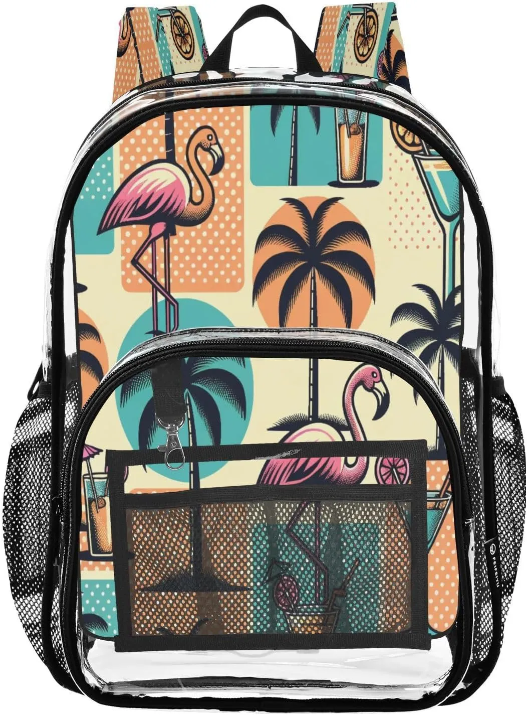 Flamingos Plam Trees Cocktails Clear Backpack with Back Print, Heavy Duty See Through Backpacks PVC Transparent Daypack for Travel Security