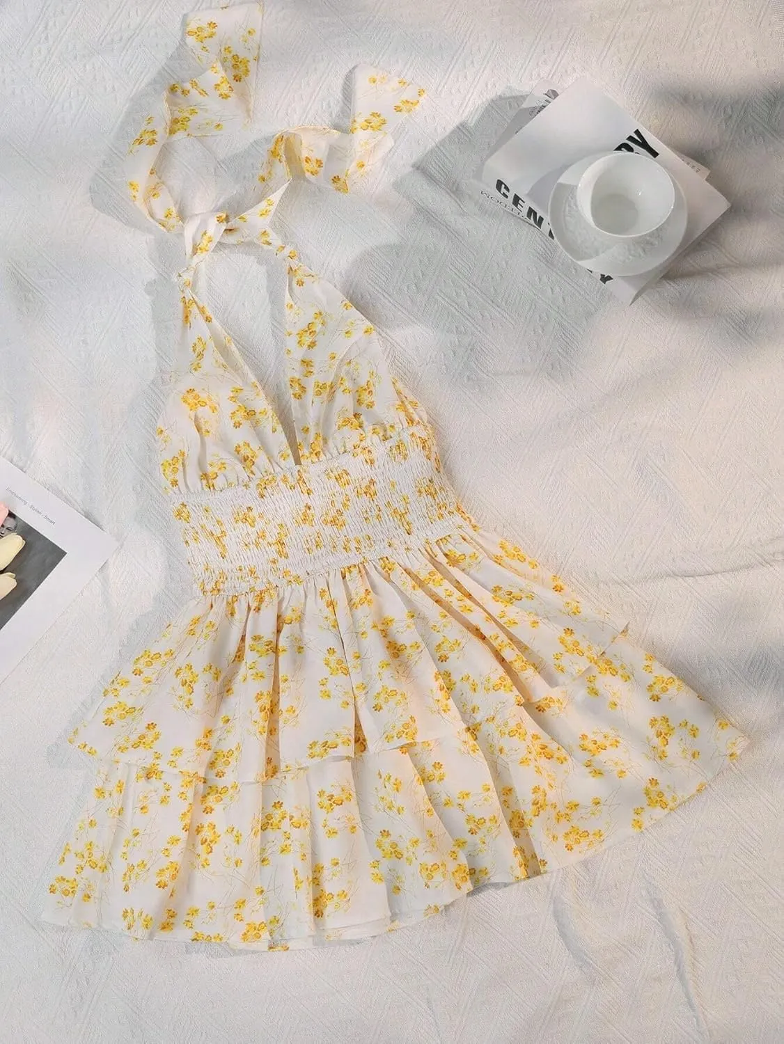 Floral Mini Dress for Women Sexy Deep V Neck Backless Hlater Dress Tiered Ruffle Cocktail Party Short Dresses