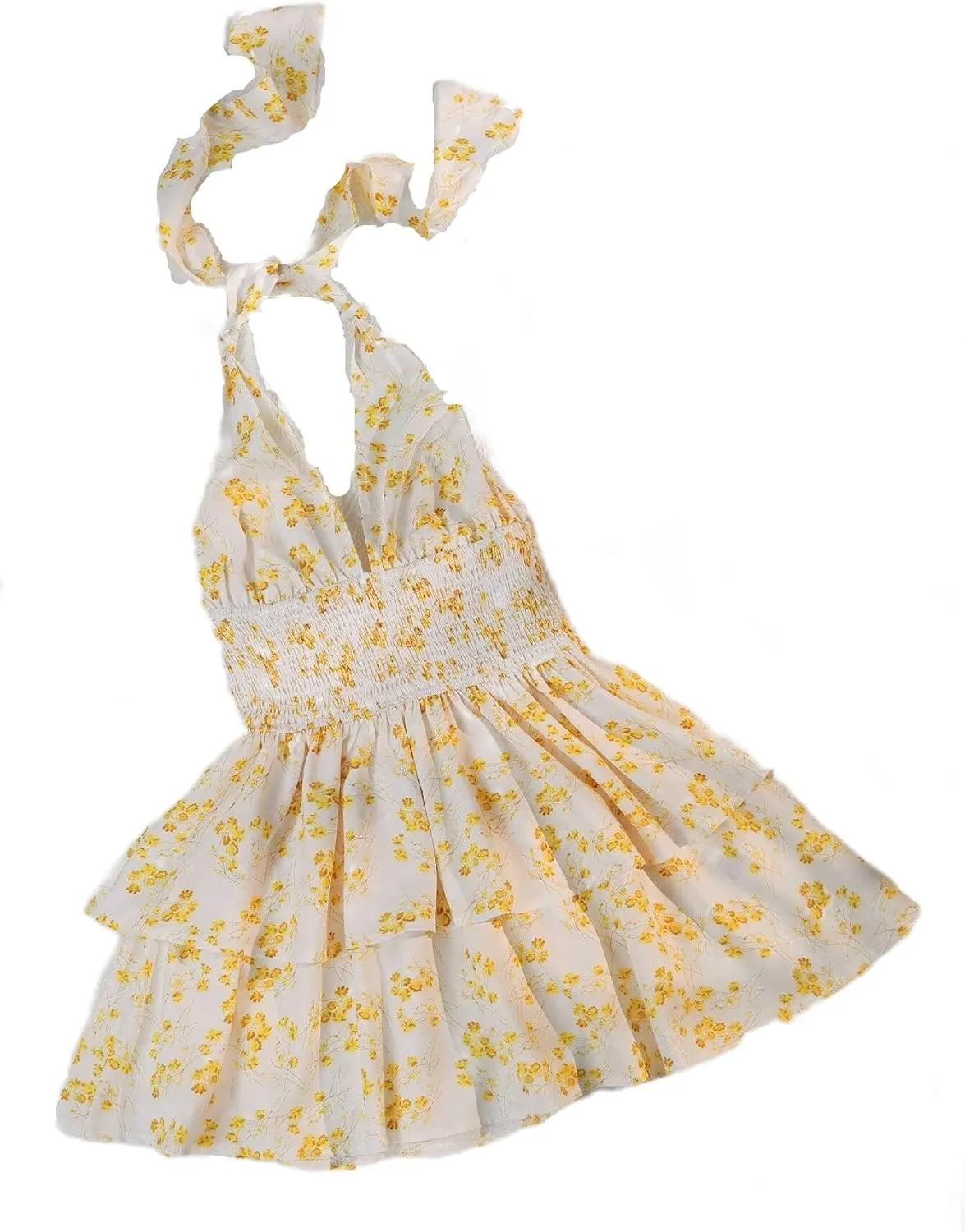 Floral Mini Dress for Women Sexy Deep V Neck Backless Hlater Dress Tiered Ruffle Cocktail Party Short Dresses