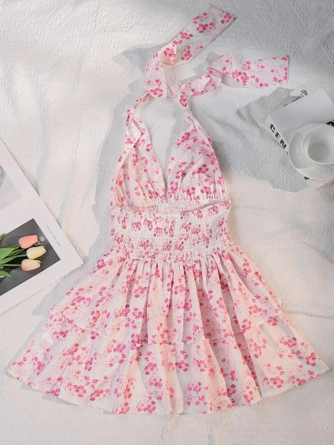 Floral Mini Dress for Women Sexy Deep V Neck Backless Hlater Dress Tiered Ruffle Cocktail Party Short Dresses