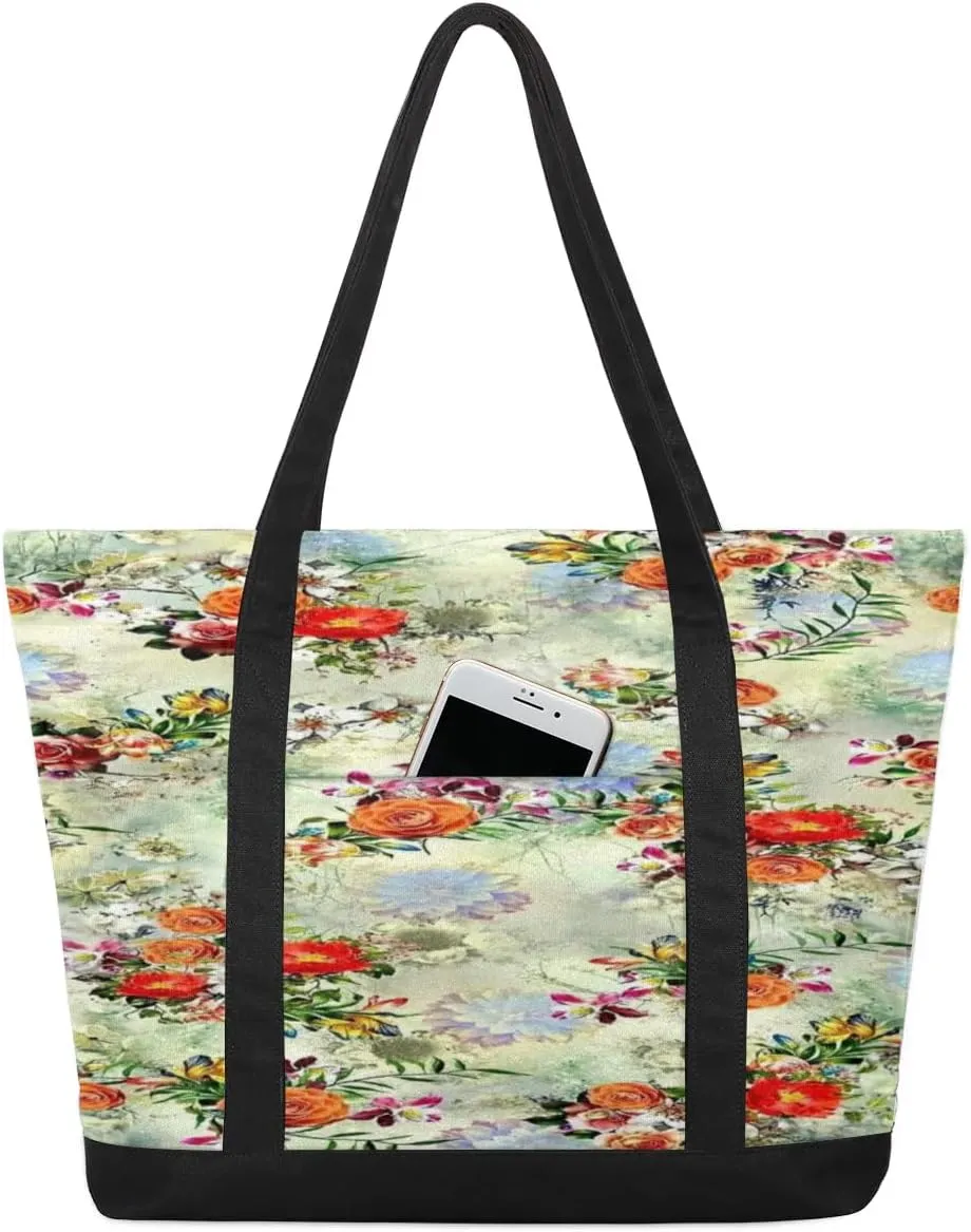 Flowers Leaves Tote Bag for Women Work Canvas Travel Tote Bags with Zipper Large Capacity Casual Handbag with Inner Pockets Reusable Shopping Shoulder Bag for Teacher Nurse