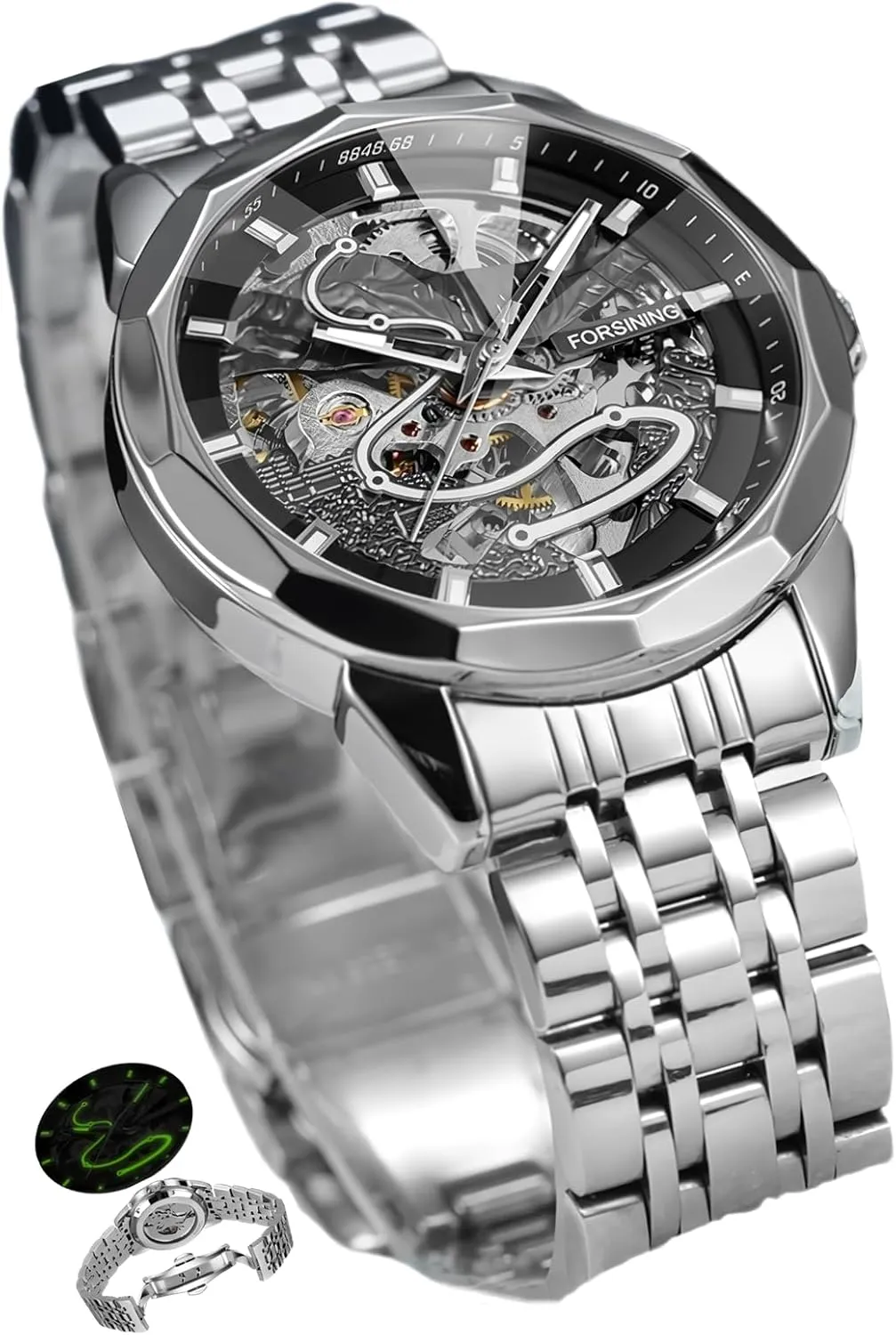 FORSINING Fashion Men Serpentine Skeleton Mechanical Watch Self-Winding Wristwatch Luxury Diamond Mirror Stainless Steel Waterproof Luminous Men's Automatic Watches